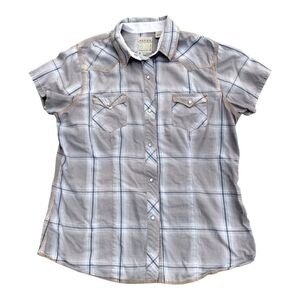 Roper Women's Western Shirt Short Sleeved Pearl Snap Buttons Grey Plaid Collared
